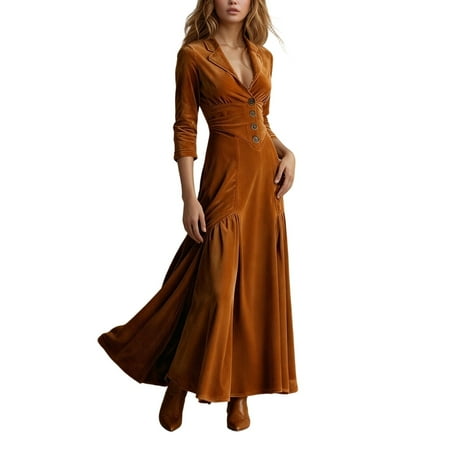 DGMIOCS Women s Button Down Shirt Dress with Lapel Collar and Three Quarter Sleeves Flared Hem Midi Length Comfortable Flowy Everyday Outfit Brown M