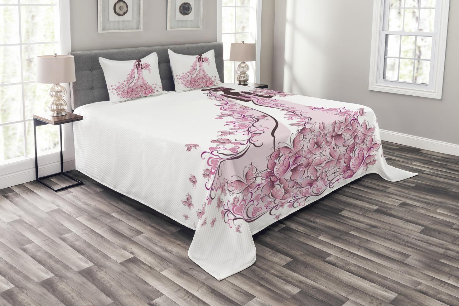 Wedding Bedspread Set Queen Size, Flowers Hearts Butterflies on Wedding