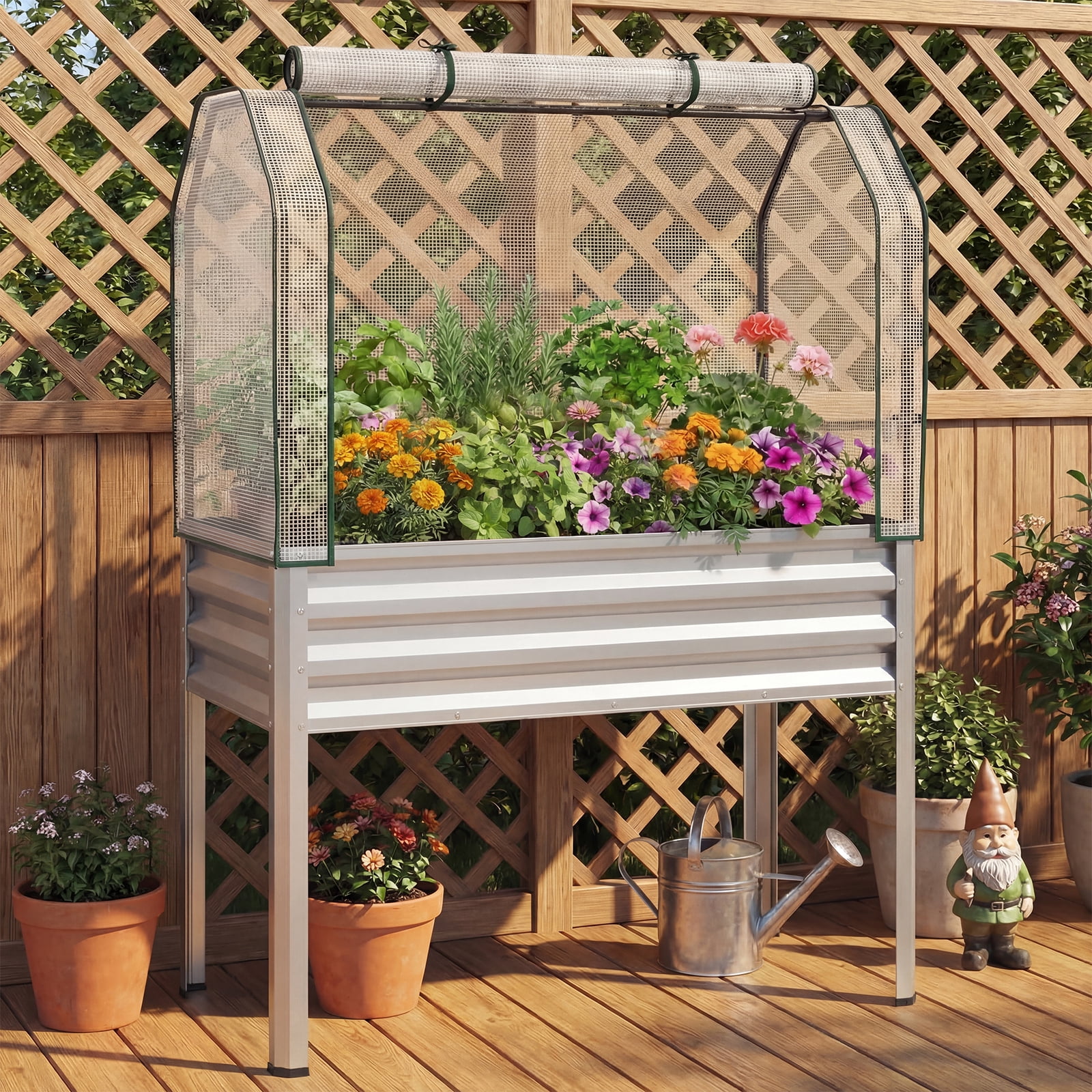 Costway 2 PCS Galvanized Raised Garden Bed with Legs Roll-up Door for Vegetable Flower Herb Silver