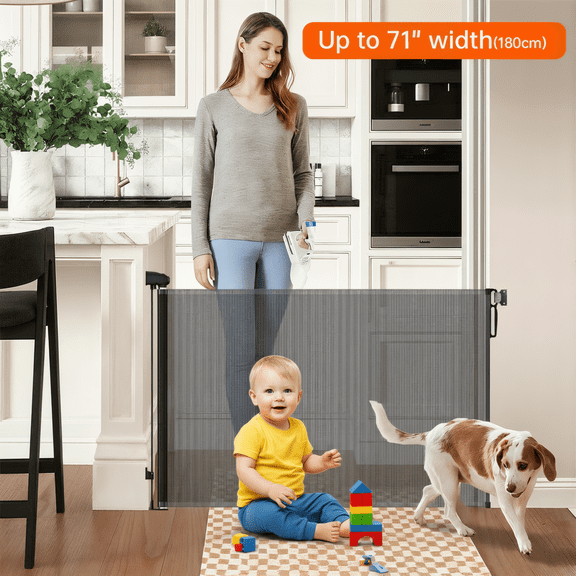 Retractable safety gate, pet/dog/cat temporary door, baby safety temporary door,for Doorways and Stairs,Expands to 71" Wide, Easy Installation(black,33.5"x71")