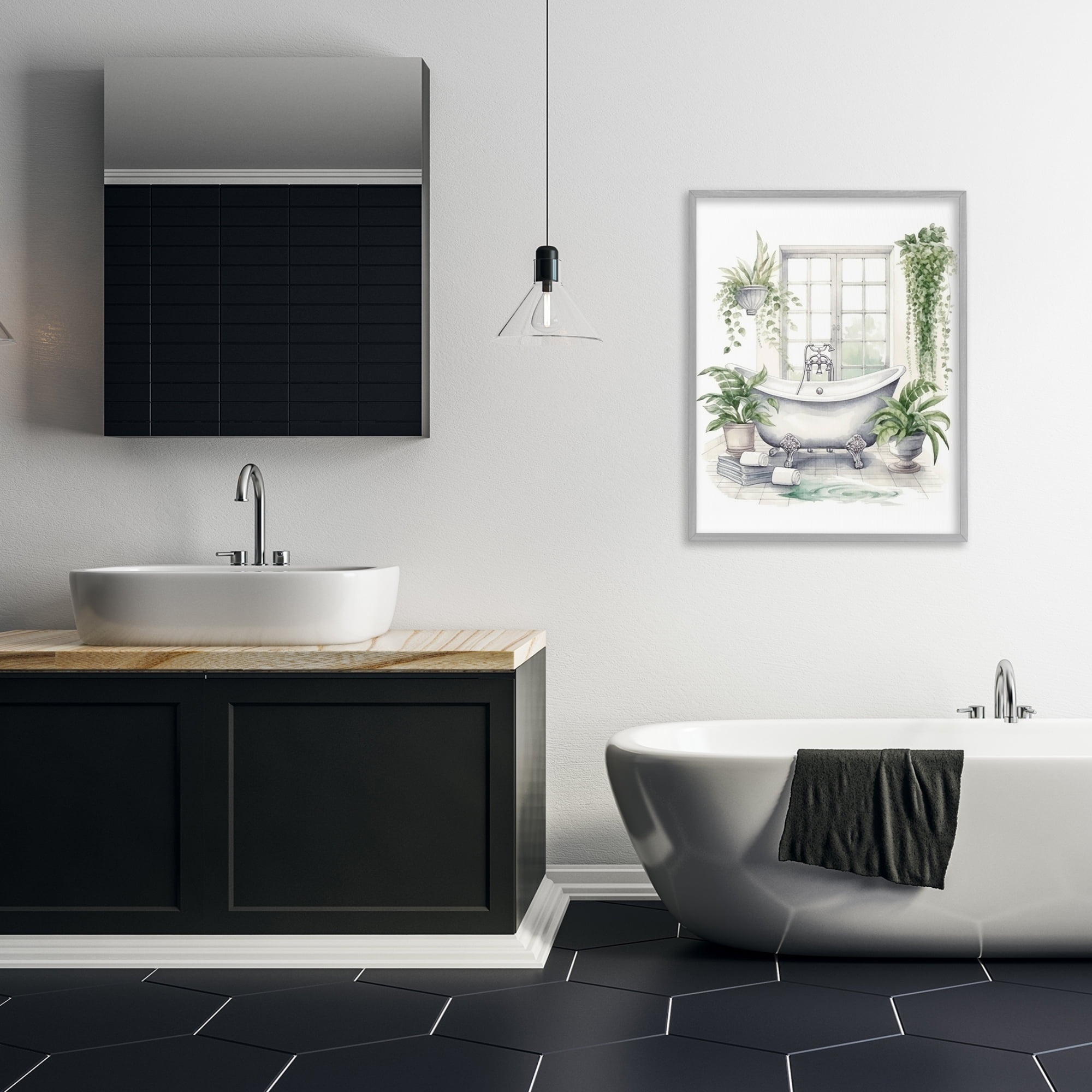 Lush Greenery Bathtub & Window Gray Framed Giclee Art, design by Lettered and Lined