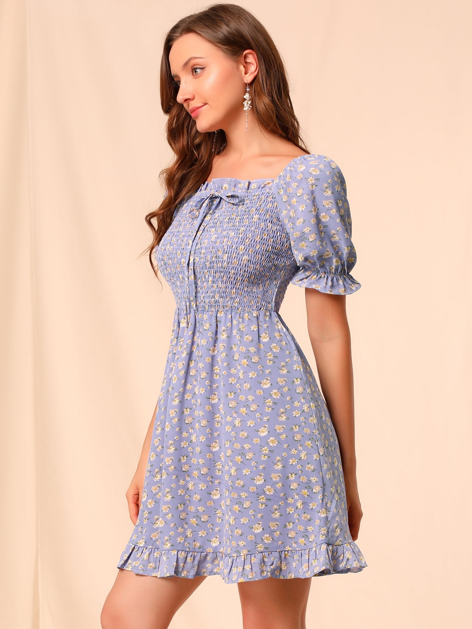 DARING DIVA Puff Sleeve Back Smocked Sweetheart Neck Ruffled Hem Dress S Purple