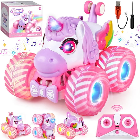 Hot Bee Unicorn Remote Control Car for Girls 3-8, Rechargeable RC Toy w/ Lights&Music, Indoor Outdoor Gift for Kids 3 