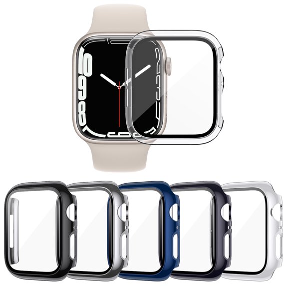 CAVN Hard PC Case Compatible with Apple Watch Series 7 45mm with Built in 9H Tempered Glass Screen Protector, Full Cover Bumper Case 5 Pack