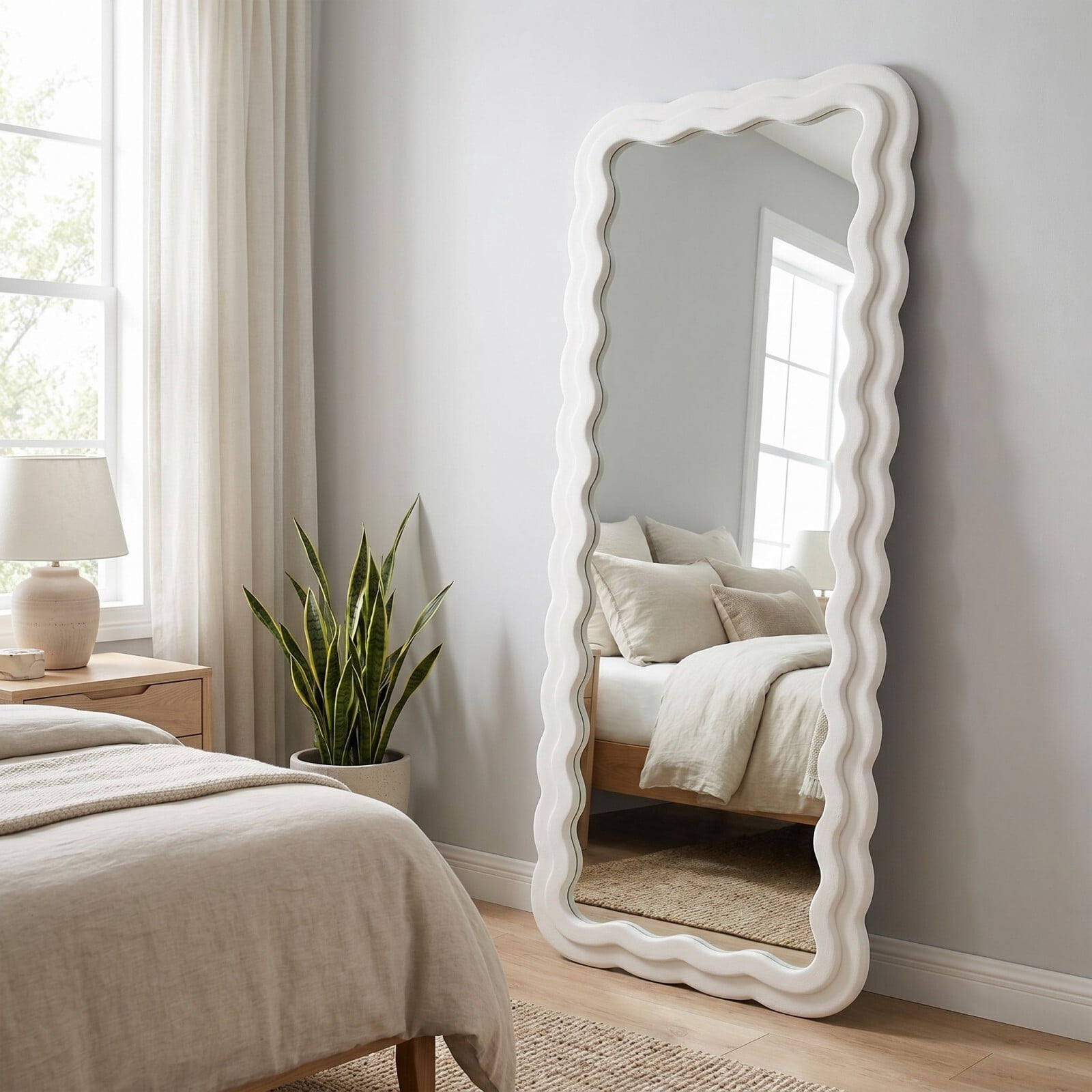 Gleamira 71"x32" Full Length Mirror Wavy Frame Arched Floor Mirror Flannel Wrapped Wooden Frame Hanging Leaning Mirror, White