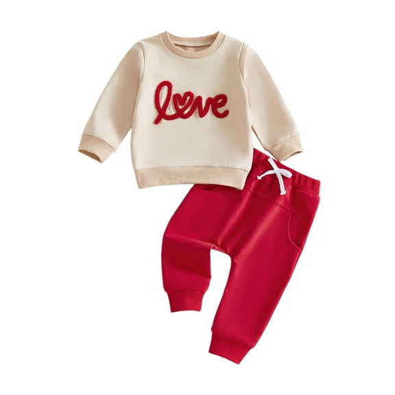 Jxzom Toddler Baby Boy Girl Valentines Day Outfit Heart Embroidery Long Sleeve Letter Print Crewneck Sweatshirt Tops Long Pants 2Pcs Spring Clothes Set