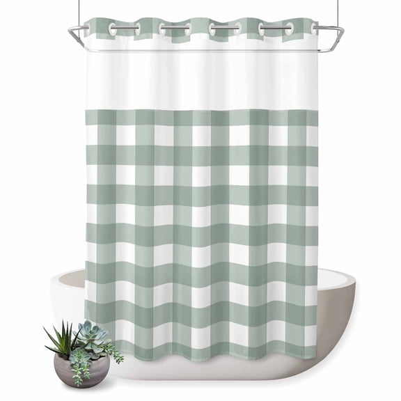 No Hook Shower Curtain, Green Farmhouse Shower Curtains for Bathroom with See Through Top Window, Buffalo Plaid Check Lattice White Grid Waterproof & Washable Bath Curtain Extra Long 72"x84"