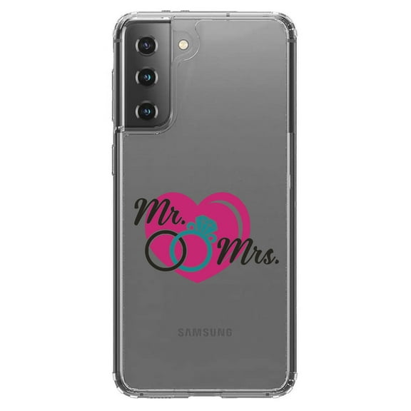 DistinctInk Clear Shockproof Hybrid Case for Galaxy S21  PLUS 5G (6.7" Screen) - TPU Bumper Acrylic Back Tempered Glass Screen Protector - Mr. & Mrs. Wedding Rings Heart