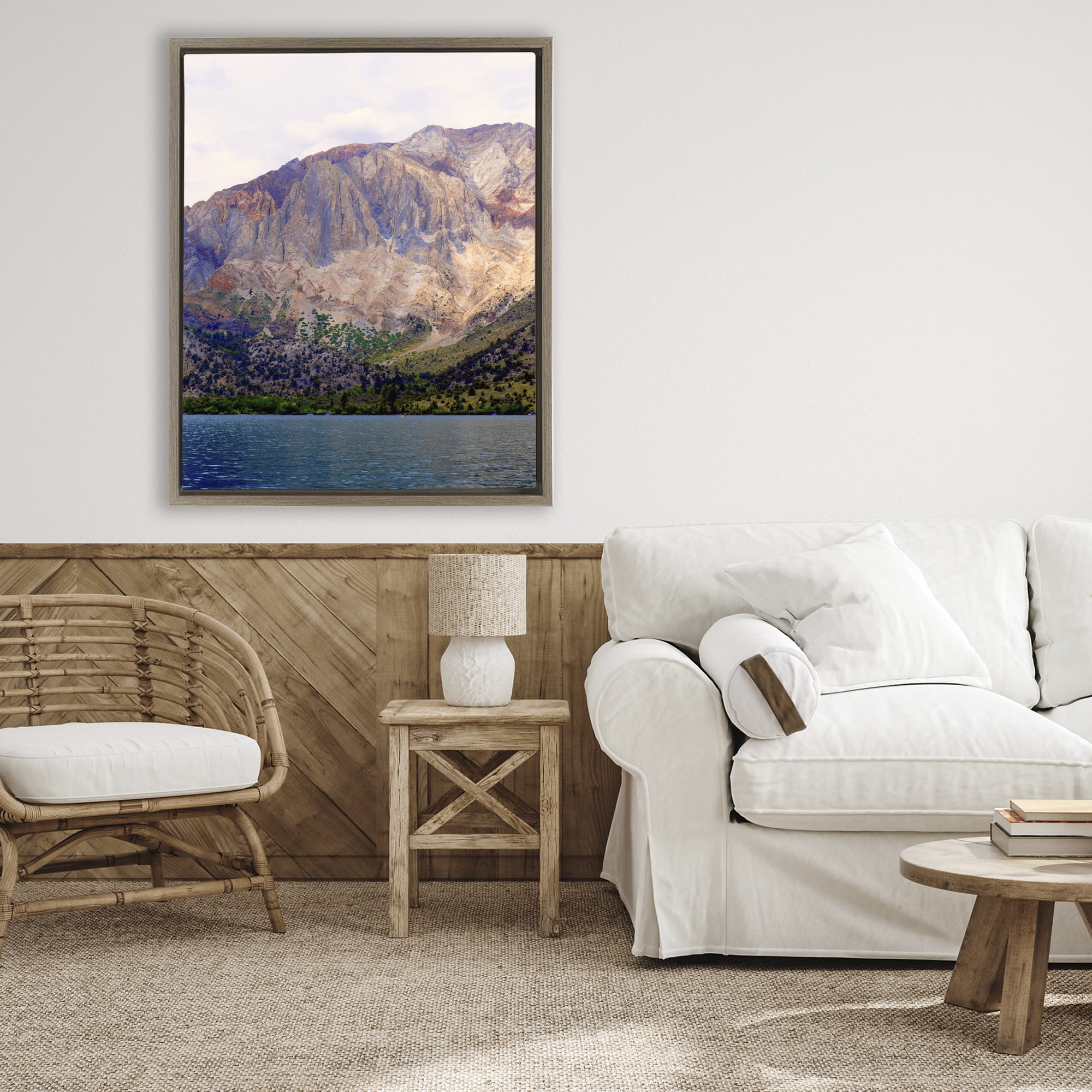 Stupell Industries Serene Lake Beneath Mountains Brown Framed Floater Canvas Wall Art, design by Gemma Bardot