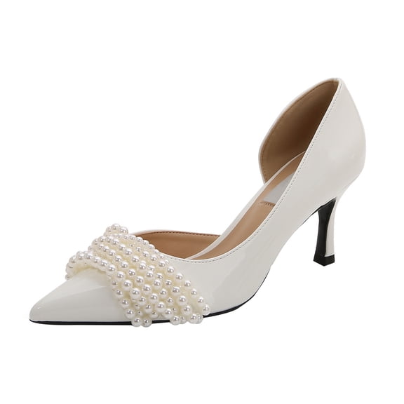 Women Pointed Toe High Heel Stiletto Pumps 7CM Patent Leather Pearl Bow Side Cut-Out Wedding Evening Party