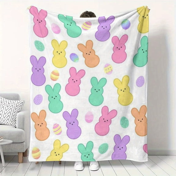 [Easter Holiday Gift] 1pc Easter Bunny Print Flannel Throw Blanket - Soft, Cozy Multi-Color Design with Colorful Easter Eggs and Bunnies - Perfect for Holiday Gifting, Sofa, or Bed Decor