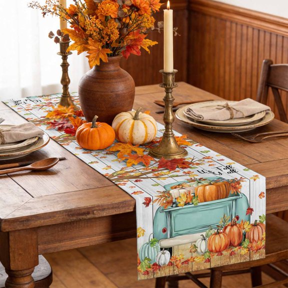 Table Runner Thanksgiving Orange Pumpkin Autumn Maple Leaves Tree Dresser Scarves 13x36 Inch,Linen Table Runners Farm Wood Board Tablerunner for Home Dining Indoor Outdoor Wedding Party Tabletop