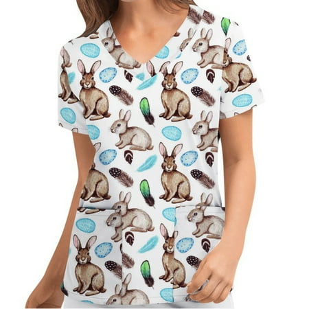 

Gwiyeopda Women Short Sleeve Nurse Workwear Clothes T-Shirt Easter Scrub Top Work Uniform