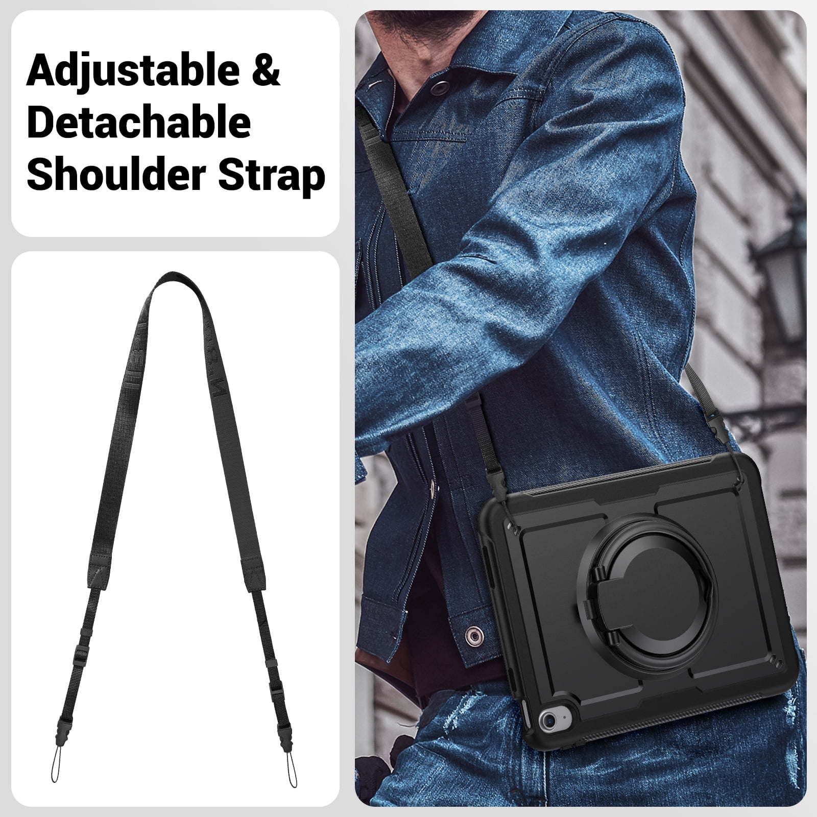 Shockproof Case for Apple iPad 11th 10th Generation 2025 2022, Rugged Hybrid Protective Cover with Pencil Holder & Shoulder Strap Kids Friendly Rotating Stand Case for iPad 11th 10th Gen, Black