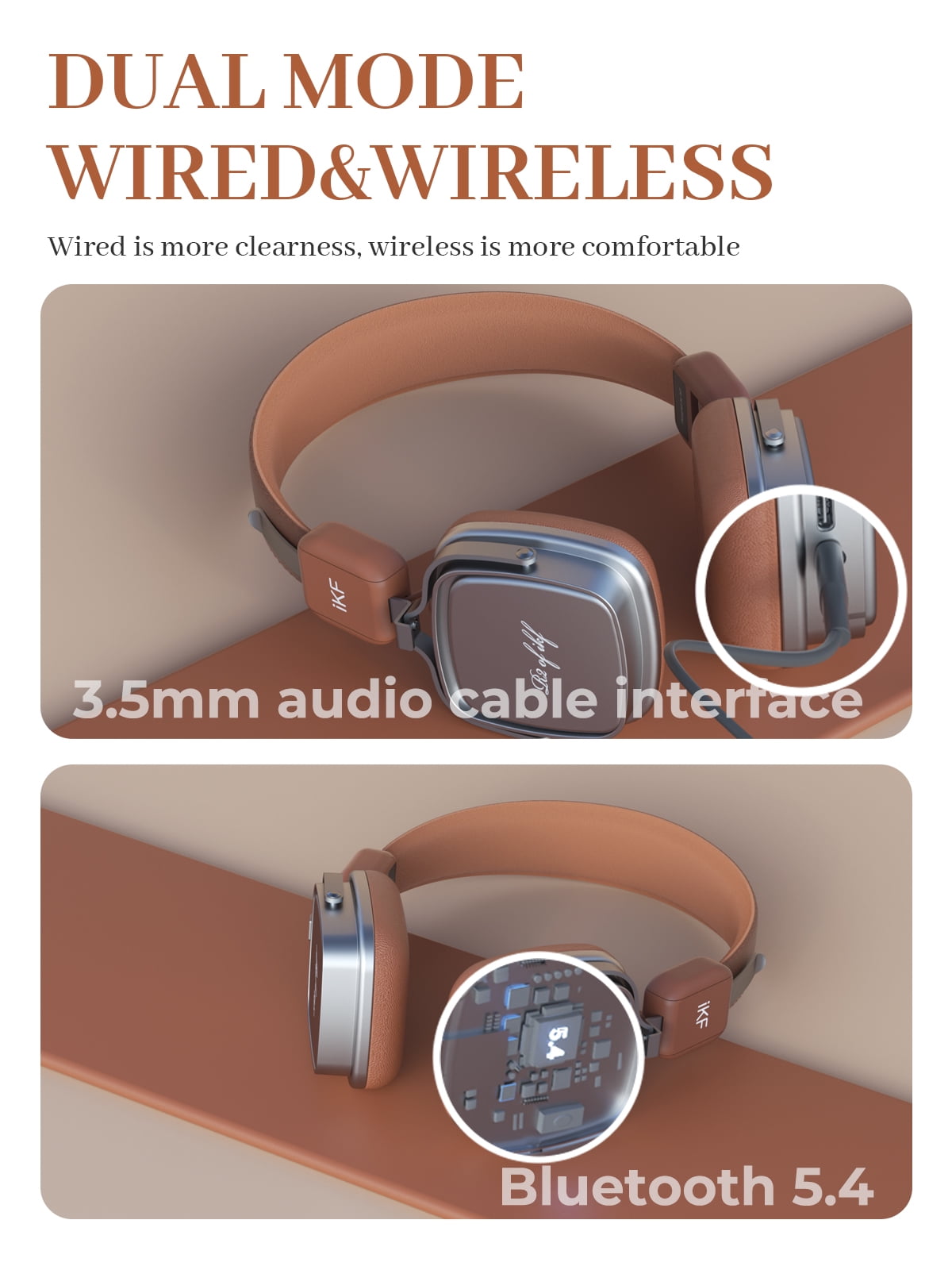 iKF R2 Wireless Headphones Retro Wired Headphones Bluetooth 5.4 Music Controls, 60 Hours Playtime Noise Isolation Fast Charging Throwback 80s 90s Design (Brown)