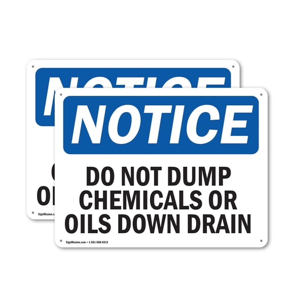 (2 Pack) Do Not Dump Chemicals Or Oils Down Drain OSHA Notice Sign 18 Inch X 12 Inch Indoor / Outdoor Rust-Free Aluminum Metal Signs for Workplace, Workshop, and Construction Site, Made