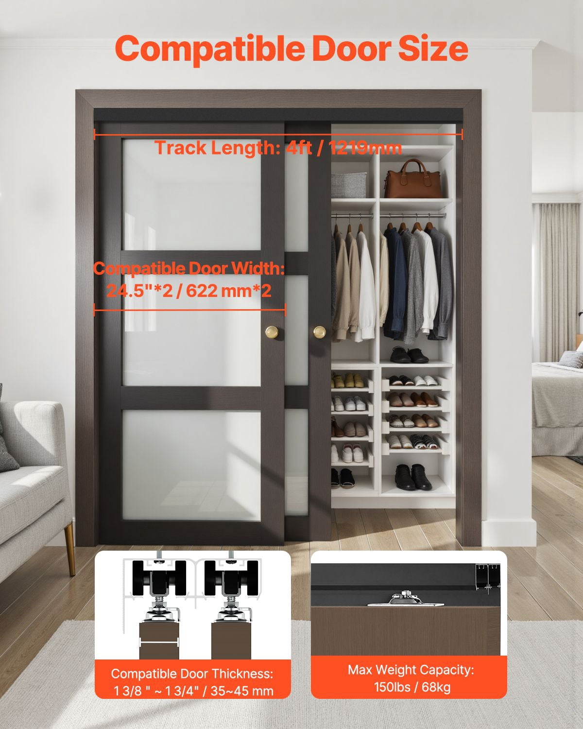 4ft Bypass Sliding Door Hardware Kit, 150 lbs Capacity, 3-Wheel Hangers, Aluminum Alloy, for Closet Doors Storage