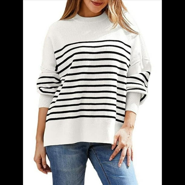 Suéteres de Murciélago Extragrandes para Mujer, Conjuntos de Otoño 2025, Suéteres de Cuello Redondo de Punto con Abertura Lateral, Tops de Moda. Rayas Blancas XL