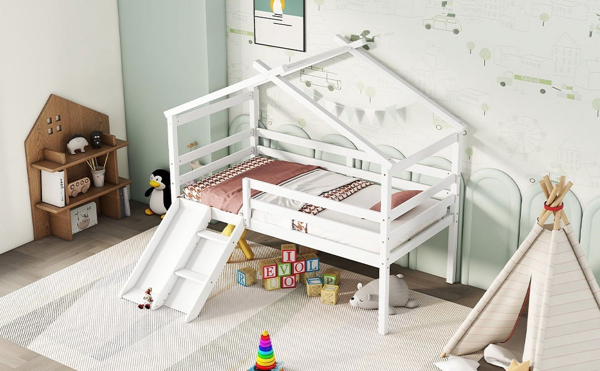 Mintazer Twin Size House Loft Bed with Slide & Ladder, Playhouse Gable Roof Low Loft Bed Frame with Guardrails for Kids Toddler Bedroom, White
