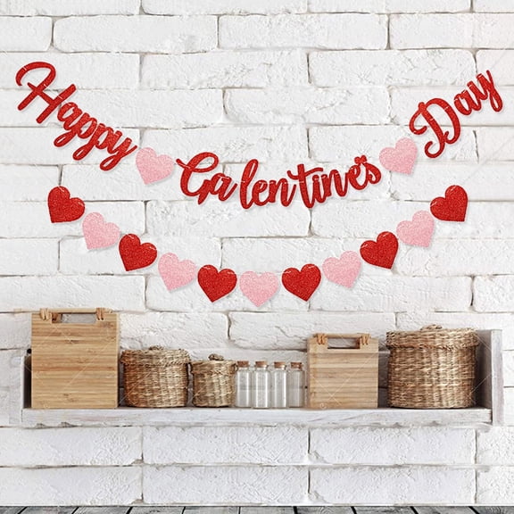 Red Glittery Happy Galentines Day Banner and Red Pink Glittery Heart Garland Banner Romantic Decorations Valentines Day Bunting Photo Props Party Favors Galentines Theme Decor