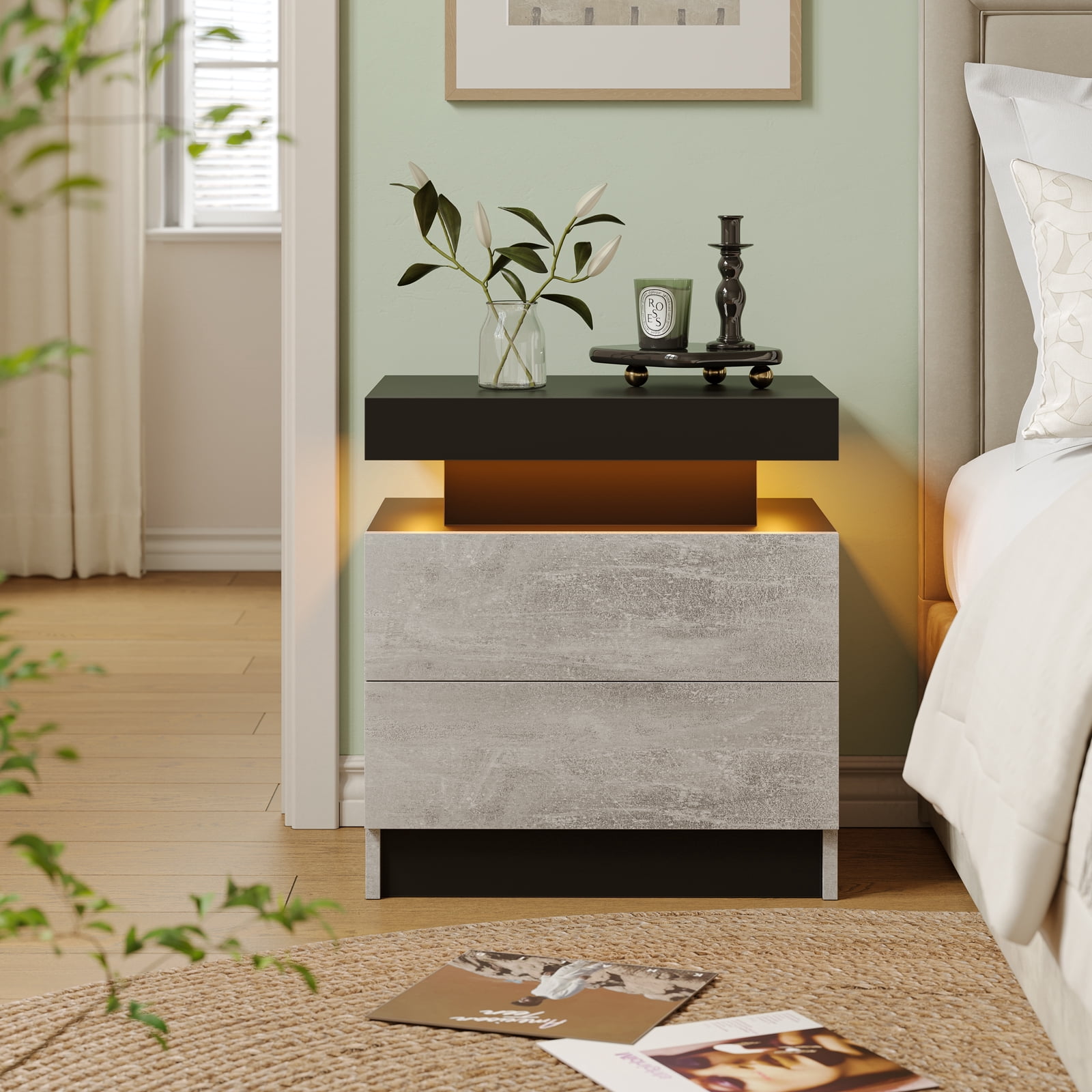 Cubehom Modern Nightstand Set of 2 with LED Lights, 2-Drawer Wooden Bedside Table, Side Table for Bedroom & Living Room