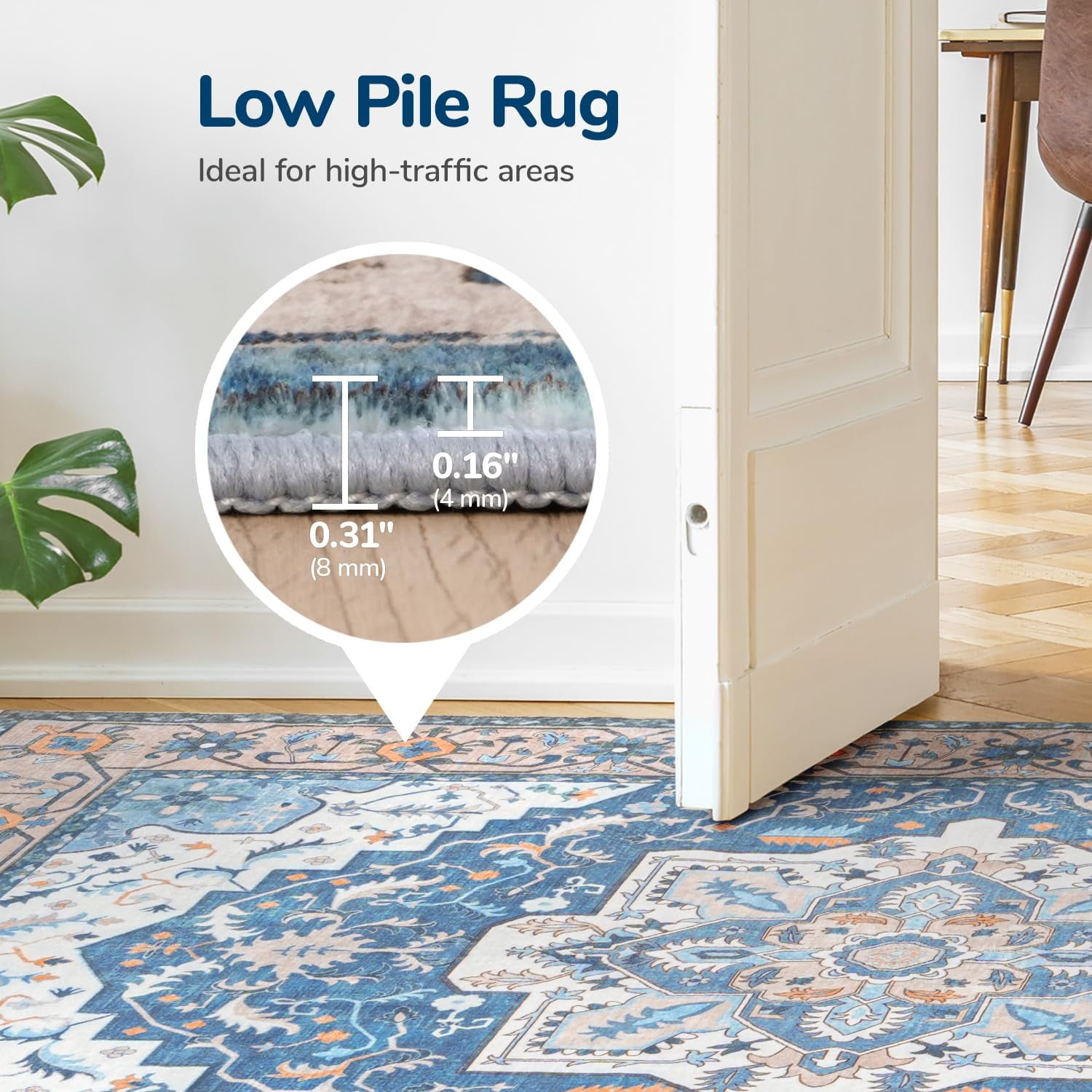Reepow 8x10 Blue White Machine Washable Super Soft Faux-Wool Vintage Floral Boho Non-Slip Low Pile Area Rugs for Living Room Bedroom