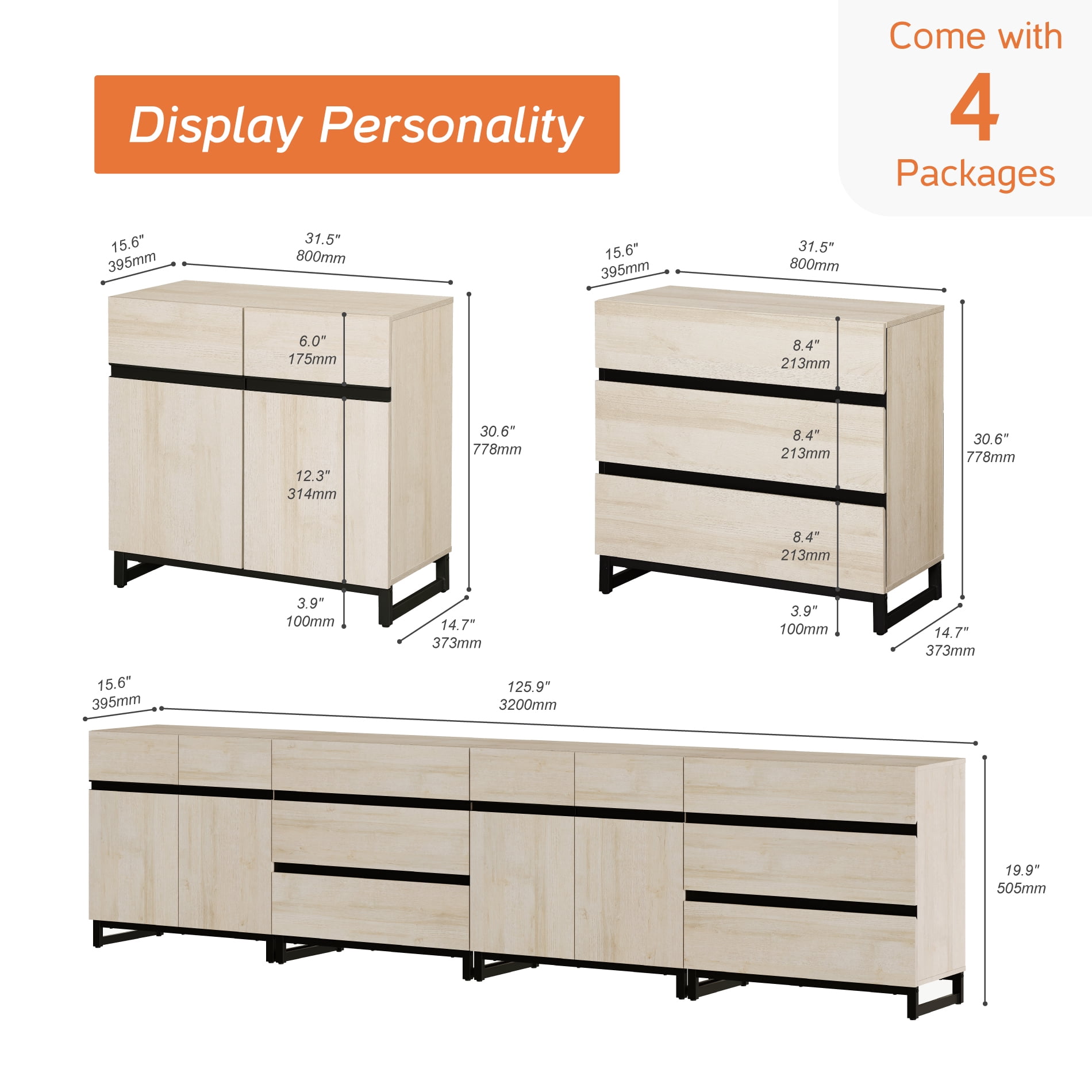 Modern 4-In-1 Multifunctional Sideboard Buffet with Adjustable Shelves and 6 Drawers for Living Room,Dining Room,Beige