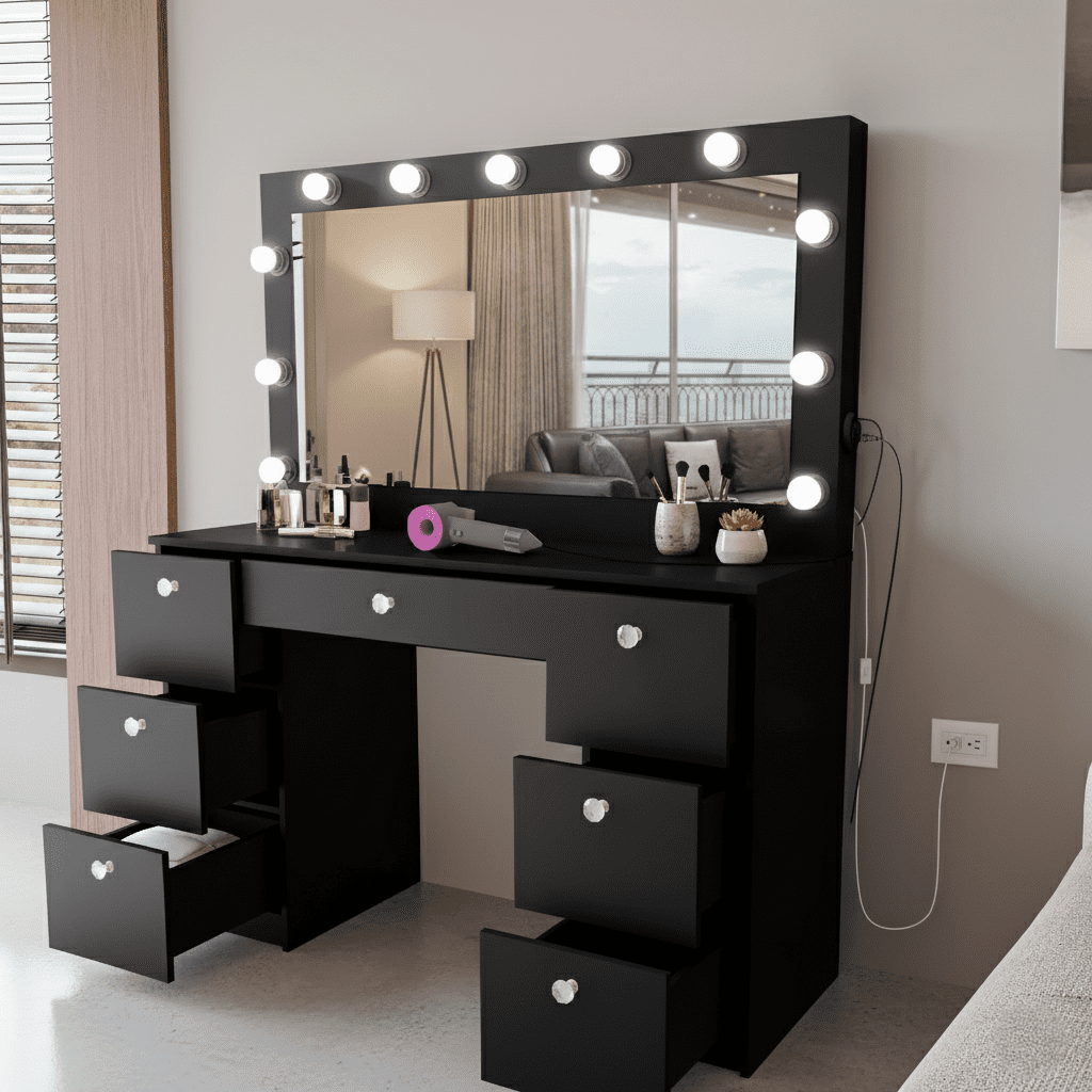 Ember Interiors Pam Black Makeup Vanity Desk with Mirror, Lights and Charging Station
