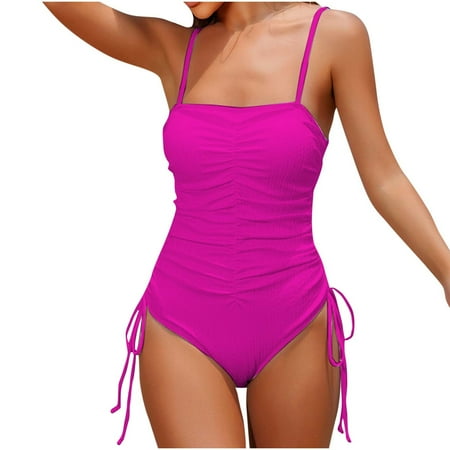 Virmaxy Women s Striped Printed One-piece Swimsuit Sexy Backless Strappy Tankini Camisole Waist Cinching Swimwear With Bra Padded for Pool Party Vacation Hot Pink-1 M