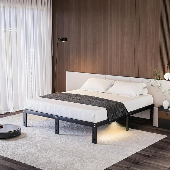 7-Inch Low Bed Frame Queen Size with LED Night Light, Metal Platform Queen Bed Frame,No Box Spring Needed, Easy Assembly, Heavy Duty, Noise-Free, Black