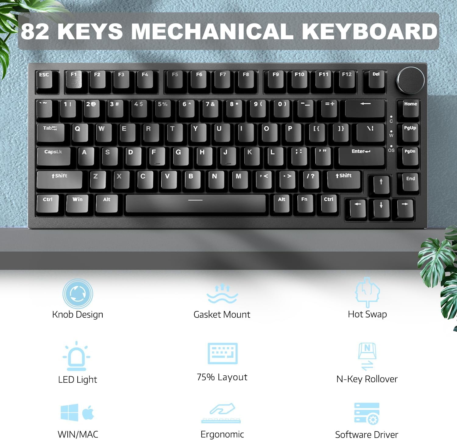 AJAZZ AK820 Mechanical Keyboard with CNC Knob Control, 75% ANSI Layout, 81Keys Gasket Mount Wired Gaming Keyboard, 5 Sound Absorbing Foam Hot-swap for PC, MAC