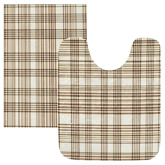2 Piece Soft Bathroom Rug Set Brown and White Tartan Bath Mat and U-Shaped Toilet Contour Rug (16"x24" 20"x24")
