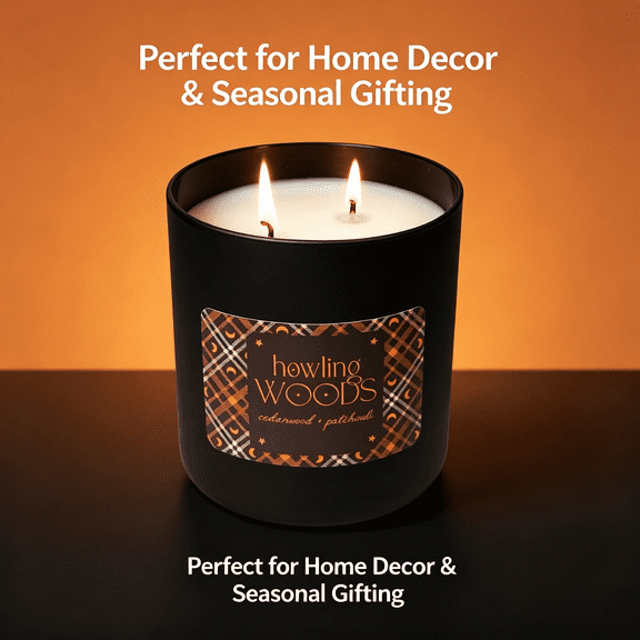 Howling Woods 16 oz Double‑Wick Soy Scented Candle, Cedarwood & Patchouli Matte Black Jar Candle, Long‑Burning Fall Halloween Themed Home Decor Candle, Seasonal Holiday Gift for Men Women