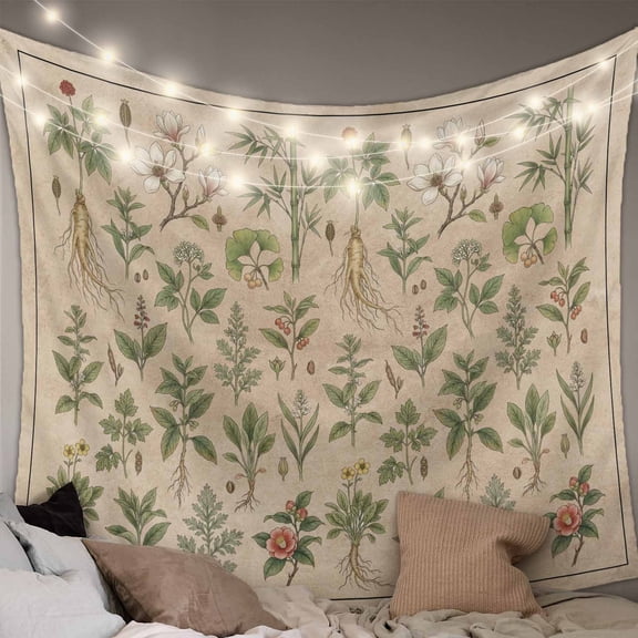 Vintage Botanical Large Tapestry for Bedroom Wall Hanging Tapestry,Country Herbs Leaves Plants Flowers Brown Ceiling Backdrop Tapestries Poster Blanket Wall Decor for Living Room 86" x 104"