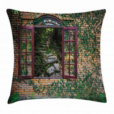 Country Decor Throw Pillow Cushion Cover, House with Open Windows inside Forest View Brick Wall with Ivy Rural Print, Decorative Square Accent Pillow Case, 16 X 16 Inches, Multicolor, by Ambesonne
