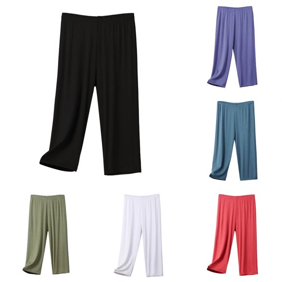 ANINEO Women's Summer Cropped Pants Thin Style Home Plus Size High Waist Pajamas Soft Ladies Solid Color Trousers
