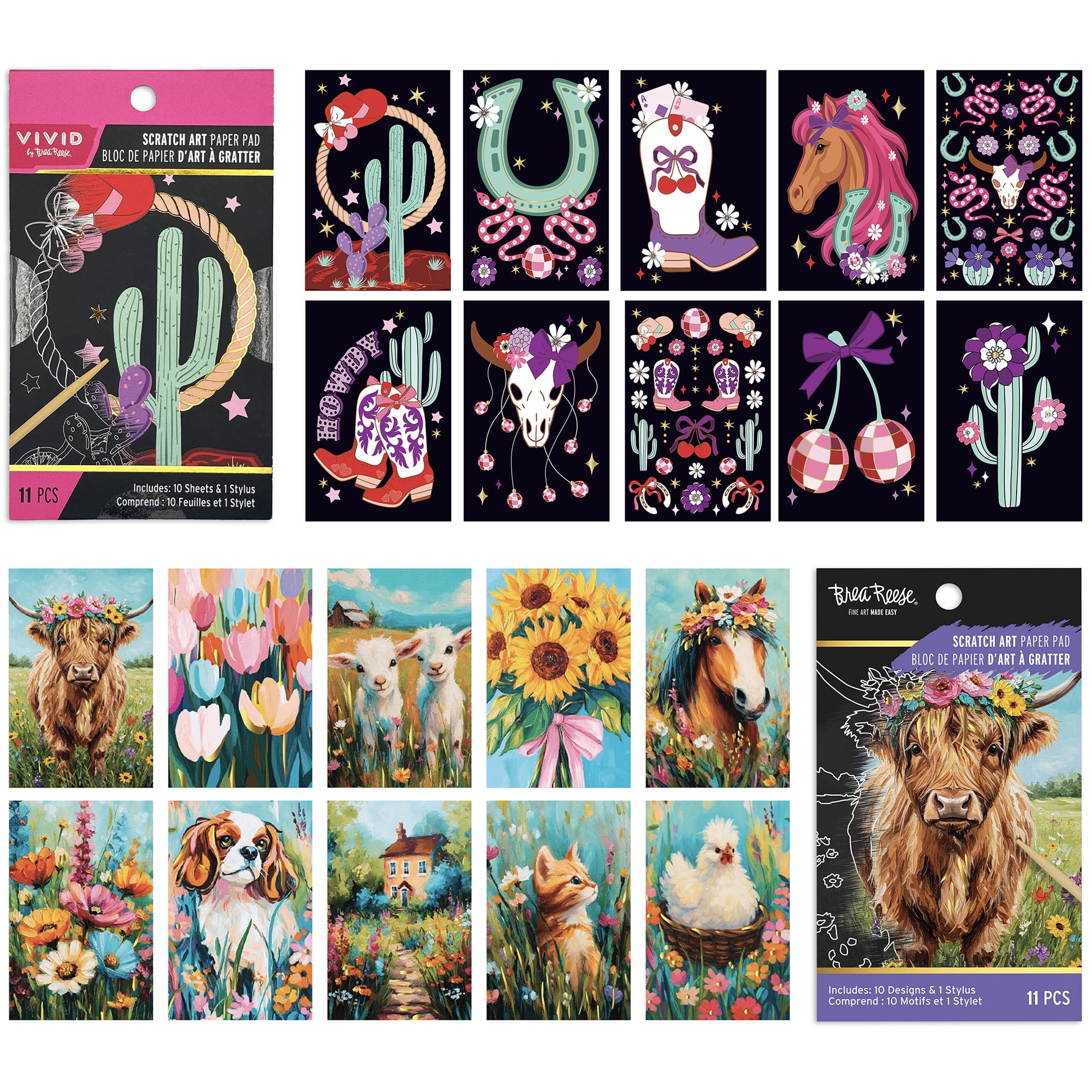 Brea Reese: Scratch Art Paper Pad 2 Pack - Rodeo Love & Highland Cow - 20 Design Assortment, Metallic Accents, Wooden Stylus, 6x8" Pages, Adult Craft