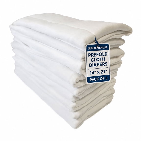 SupremePlus Prefold Cloth Diapers, 6 Pack, 14” x 21”, 2-4-2 Ply, 100% Cotton Absorbent Burp Cloths for Glass, Windows, Cars & General Cleaning