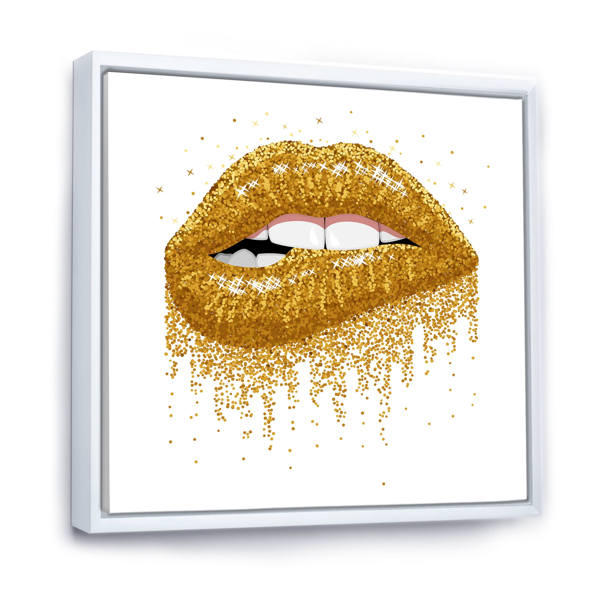 Designart 'Girl Lips With Glitter Gold Sparkles' Modern Framed Canvas Wall Art Print