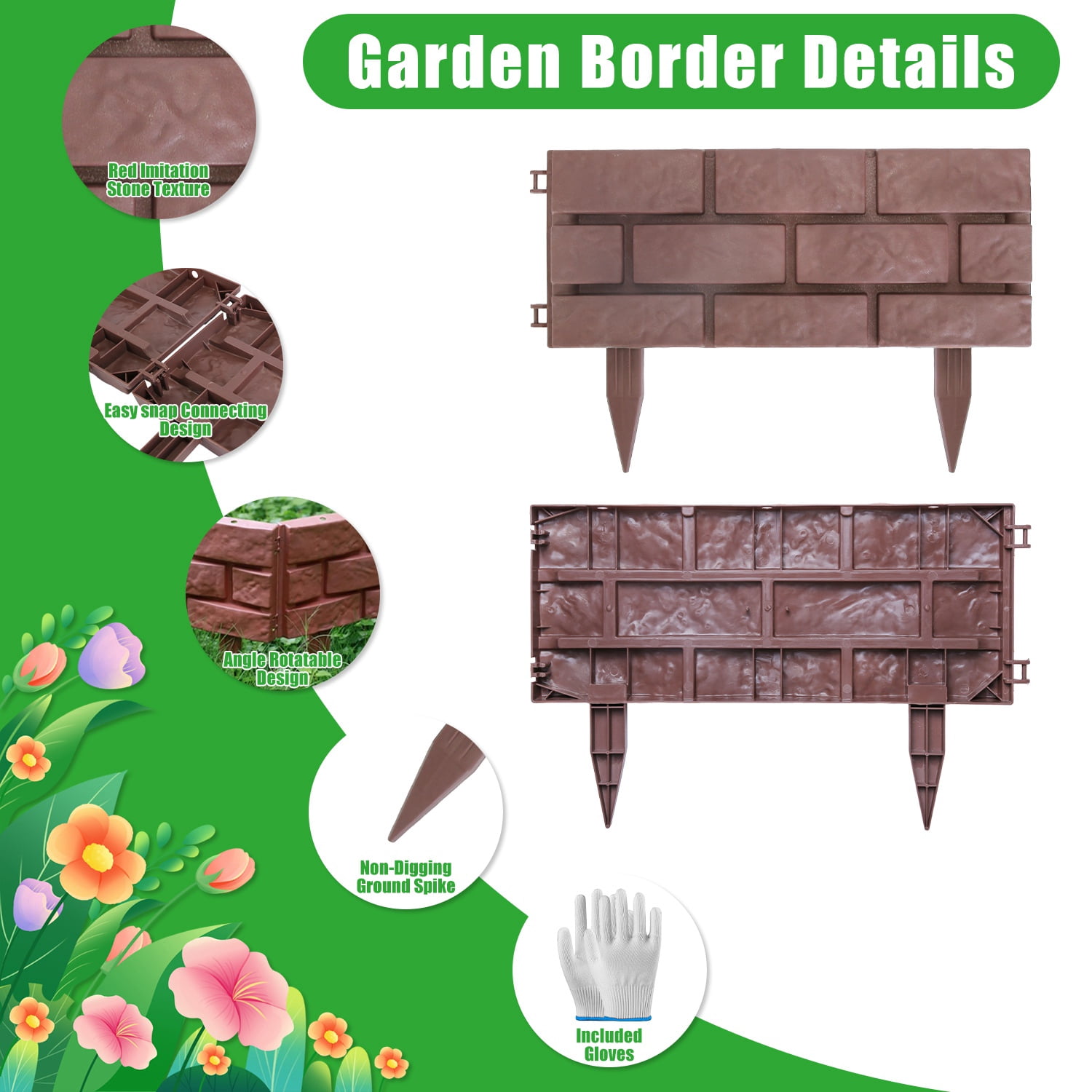 12PCS Stone Effect Garden Edging Flexible Landscape Border Fence PP Weather Resistant Decorative Lawn Pathway Flower Bed Edging with Gloves