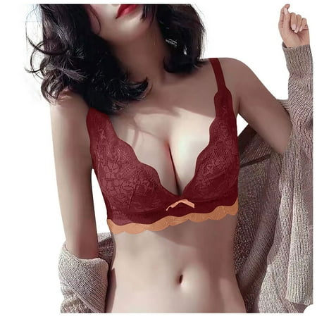 

Qcmgmg Women s Support Bow Wireless Bra Lace Eyelash Bras Lightly Comfort Bralette for Women 36