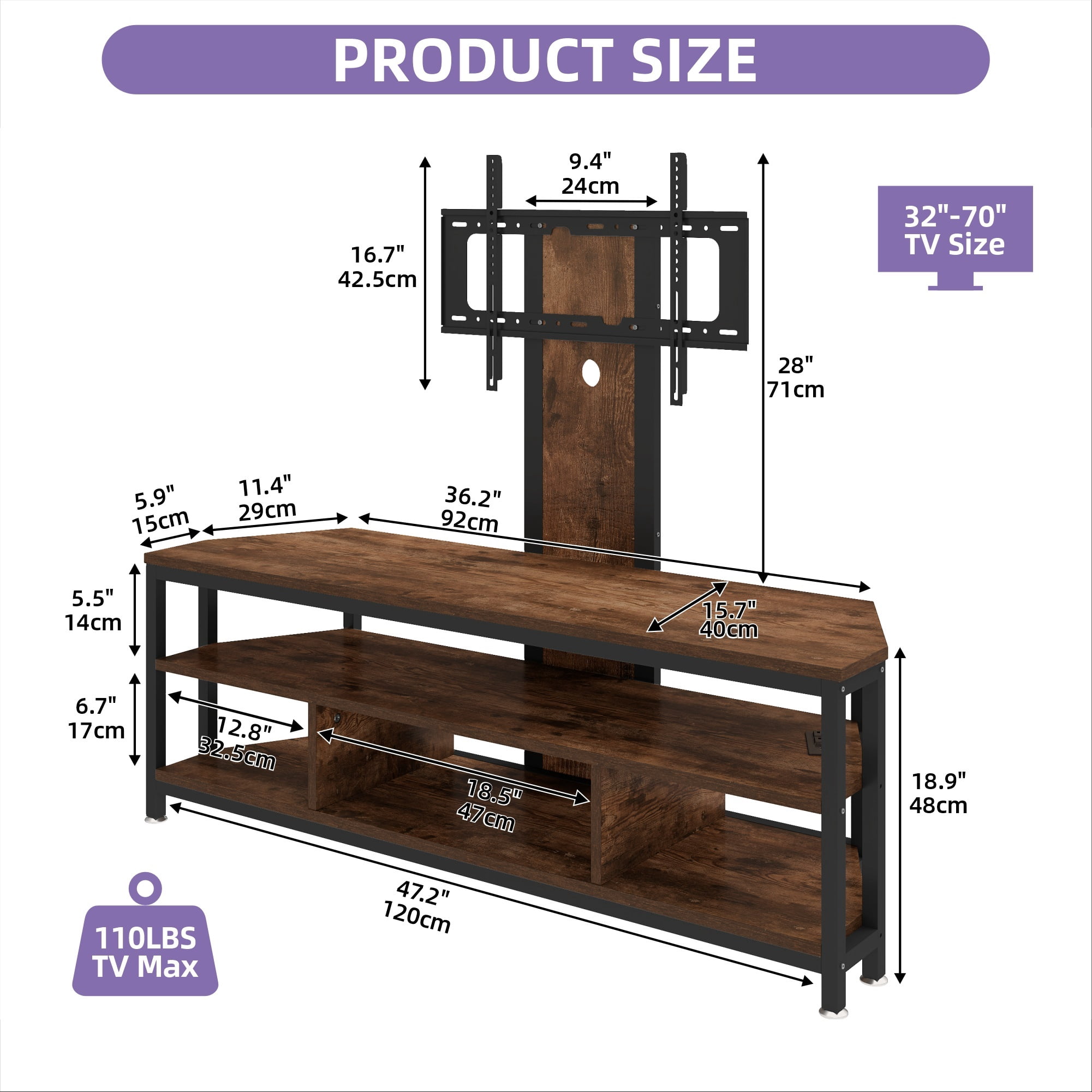 Uforic Height Adjustable TV Stand Mount with Power Outlet with LED Lights for TVs up to 70 inches, Brown