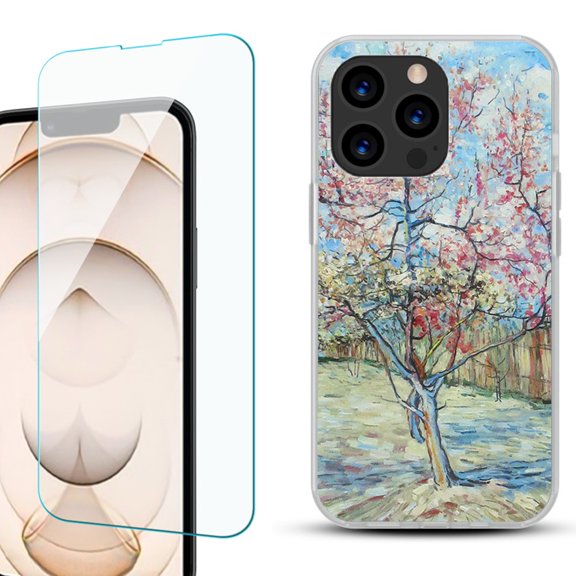 Slim-Fit Anti-Scratch Gel TPU Phone Case for iPhone 13 Pro, with Tempered Glass Screen Protector, by OneToughShield ® - Blossom Tree