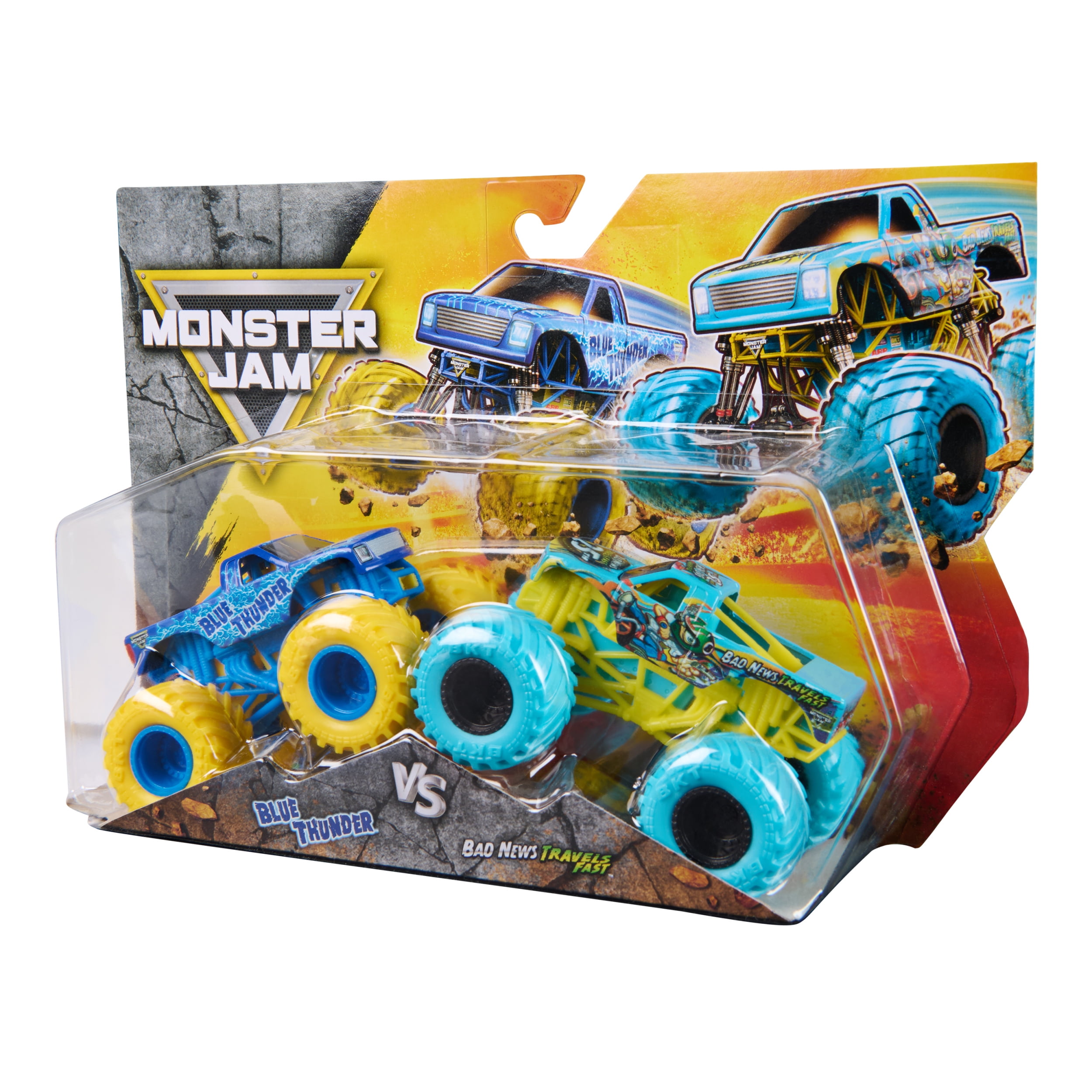 Monster Jam, Blue Thunder Vs. Bad News Travels Fast Die-Cast Monster Trucks, 1:64 Scale, Kids Toys for Boys Ages 3 and up