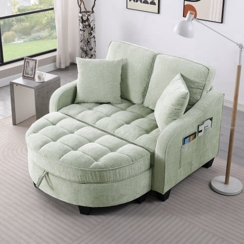HUTWIFE 42" Chenille Cloud Boneless Curved Chaise Lounge Chair with Ottoman, Cyan for Living Room Bedroom Apartment
