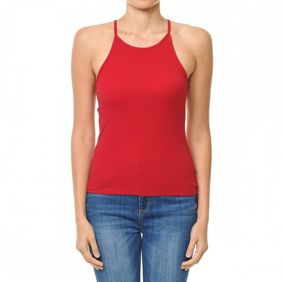 ShezPretty Women's High Halter Neck Ribbed Halter Racerback Tank Top (Large, RED)