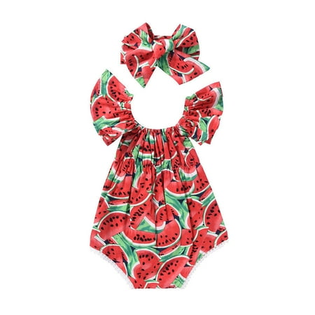 

Baby Girl Red Watermelon Print Ruffles Sleeveless Jumpsuit with Headband
