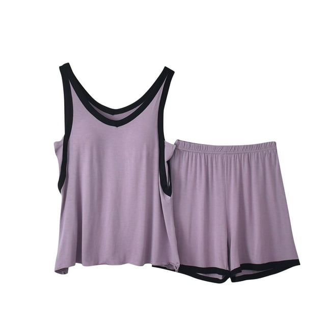 Birdeem Ensemble Deux Pièces d'Été Mince Décontracté Sans Manches Col en V Polyvalent pour Femmes Shorts à Contraste de Couleur