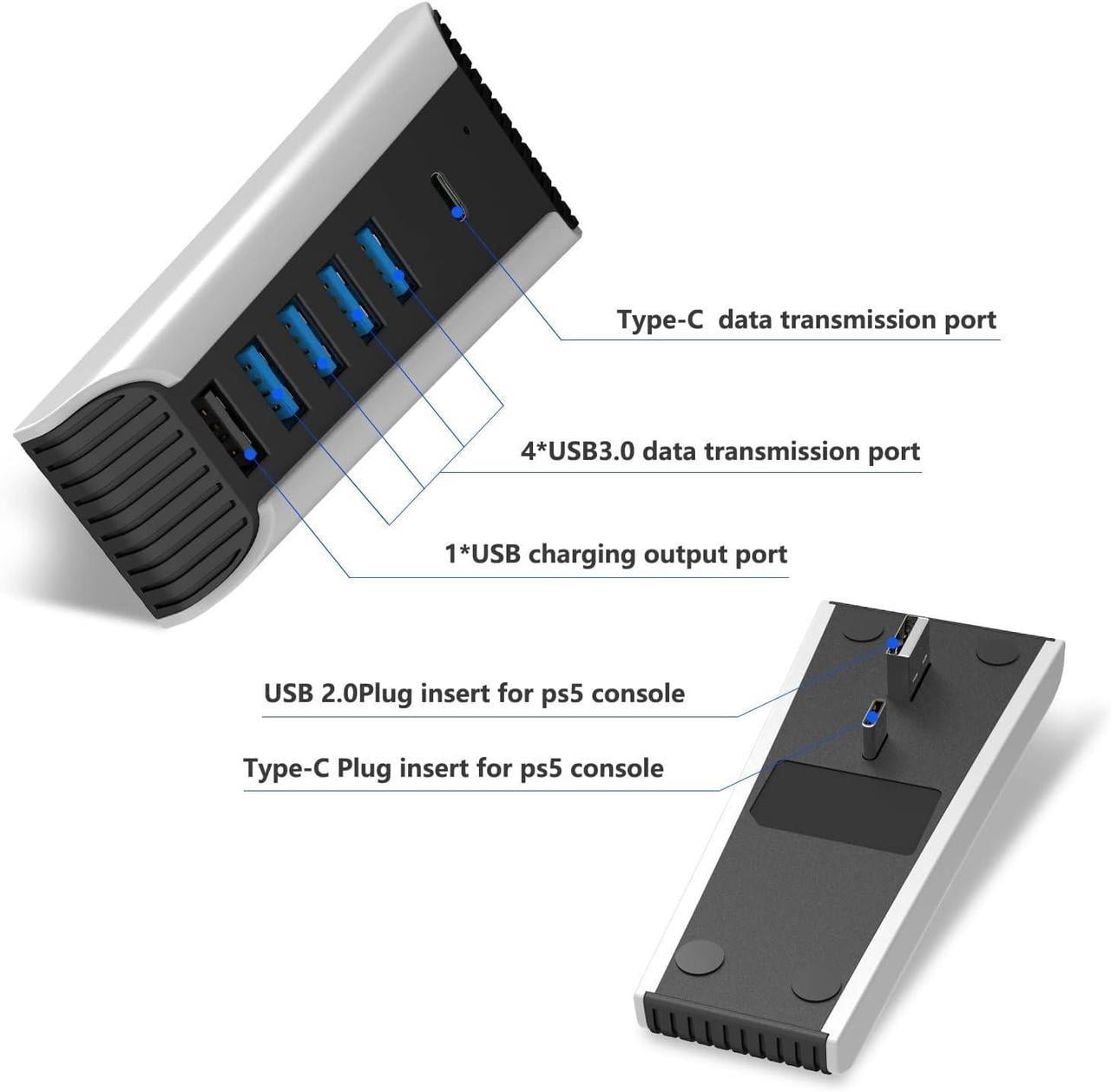 5 Port USB Hub for PS5, 5 in 1 High Speed USB Expansion Hub Charger Splitter Adapter with USB2.0 Type C Ports for PS5 Console