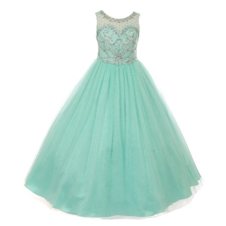 Girls Mint Crystal Beading Glitter Tulle Floor Length Pageant Dress